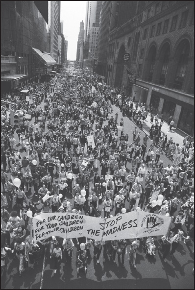 Thousands of World Peace activists march on Forty-Second Street in New York en route to Central Park, where some five hundred thousand demonstrators gathered to protest the expansion of America’s nuclear arsenal, June 12, 1982. 