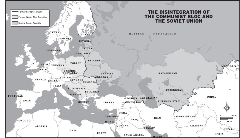 Between 1989 and 1990 Soviet control over Eastern Europe ended, and in 1991 the Soviet Union itself dissolved into fifteen republics.