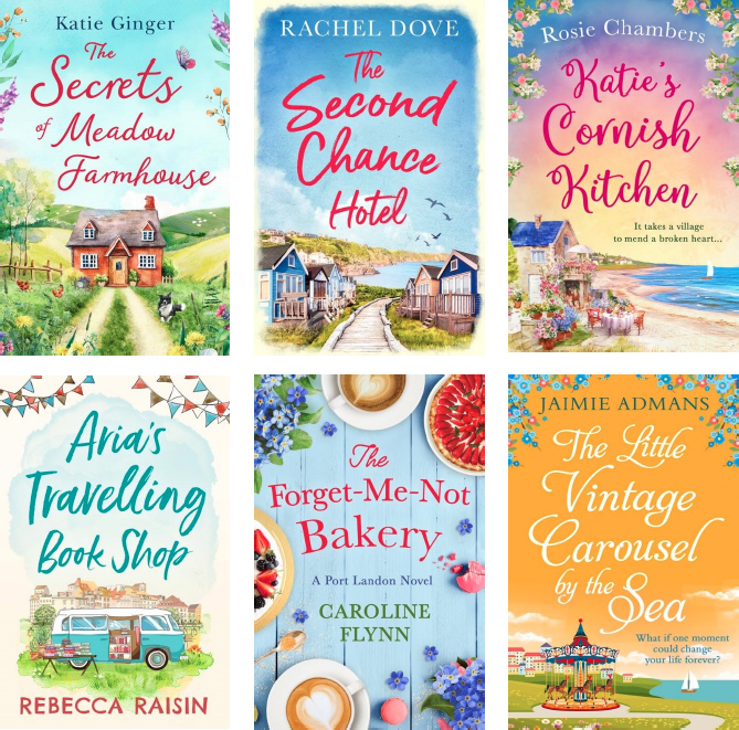 Advertisement images: The Secrets of Meadow Farmhouse by Katie Ginger, The Second Chance Hotel by Rachel Dove, Katie’s Cornish Kitchen by Rosie Chambers, Aria’s Travelling Book Shop by Rebecca Raisin, The Forget-Me-Not Bakery by Caroline Flynn, The Little Vintage Carousel by the Sea by Jaimie Admans