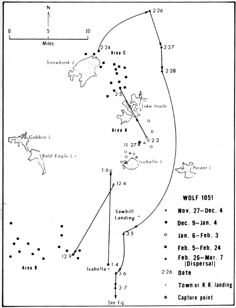 Figure 19.—Locations and range of wolf 1051. Lines are NOT travel routes; rather they merely indicate sequence of locations. Only selected lakes are shown.