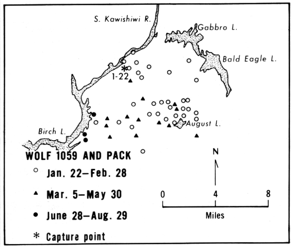 Figure 24.—Location and range of wolf 1059 and pack. Only selected lakes are shown.