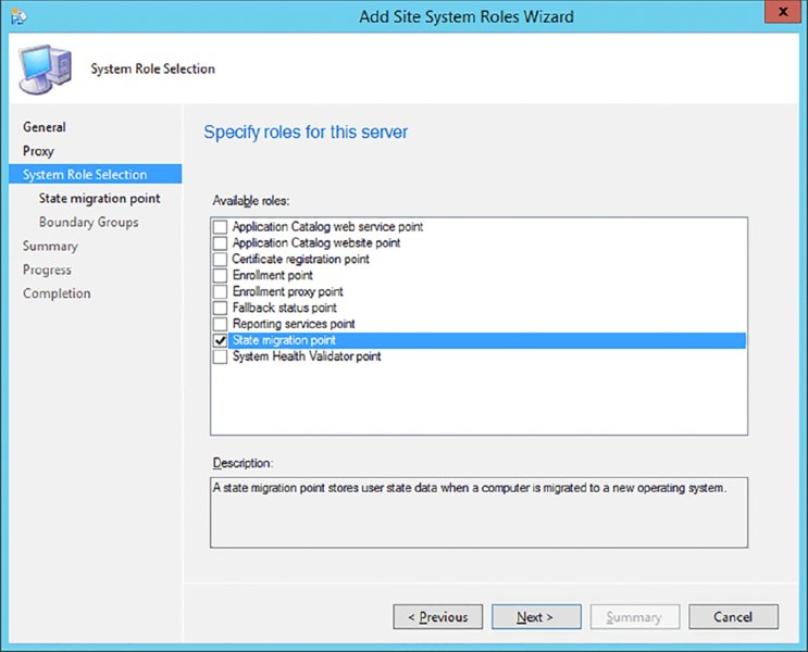 Screenshot shows System Role Selection page, with selection on State Migration Point. It shows selection on the “next” button.