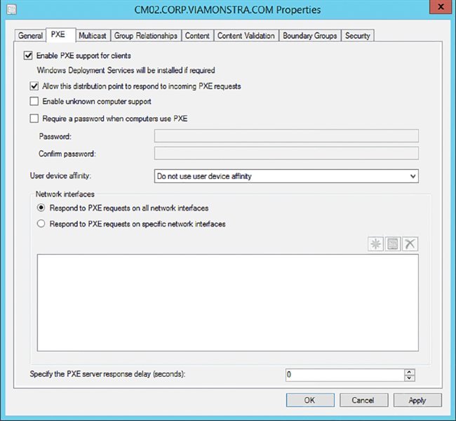 Screenshot of a dialog box shows a PXE settings page, with recommendation to not use user device affinity.