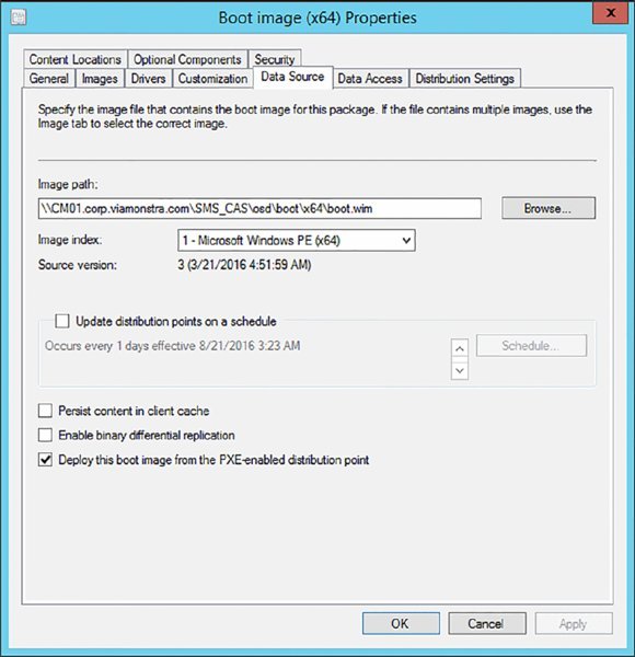 Screenshot of a dialog box shows data source page to enable boot image to boot via PXE.