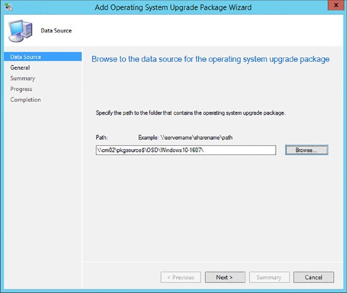 Screenshot of a dialog box shows data source page to browse data source for an operating system upgrade package.