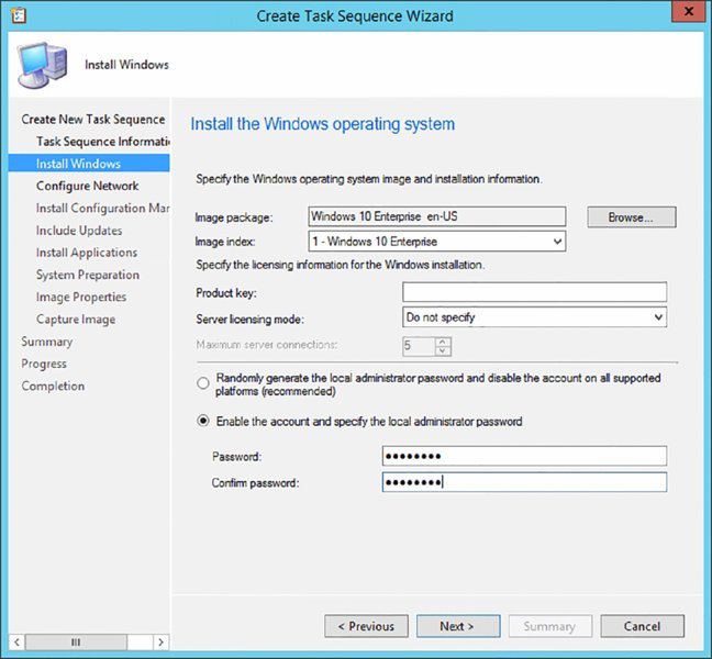 Screenshot of a dialog box shows installation of Windows operating system, with request to enable account and specify local administrator password.