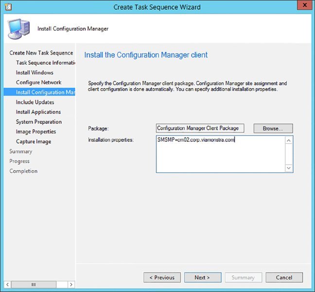 Screenshot of a dialog box shows installation of Configuration Manager Client, with installation properties.