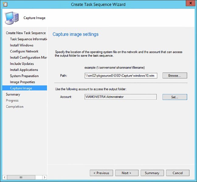 Screenshot of a dialog box shows capture of image path and filename in “Create Task Sequence Wizard.”