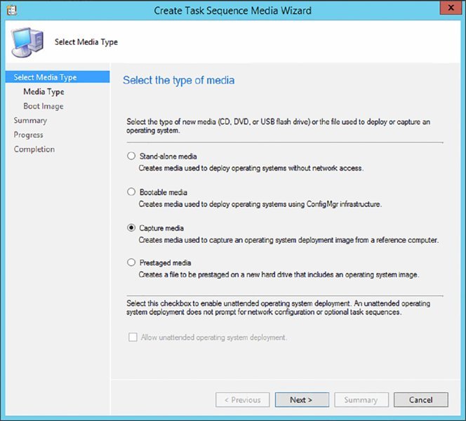 Screenshot of a dialog box shows select media type page displaying selection of capture media to capture an operating system deployment image from a reference computer.