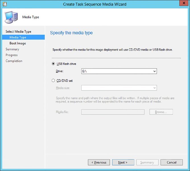 Screenshot of a dialog box shows media type page, displaying selection of media type USB flash drive.