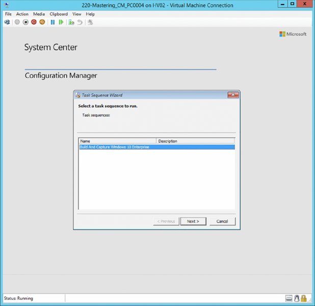 Screenshot of a dialog box shows configuration manager to select task sequence.