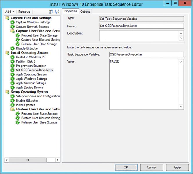 Screenshot of a dialog box titled “Install Windows 10 Enterprise Task Sequence Editor” for set task sequence variable.