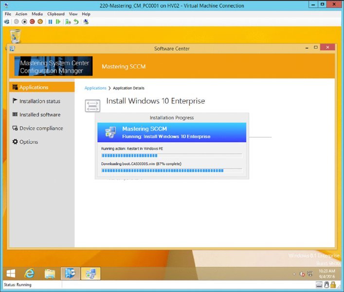 Screenshot of a dialog box with a prompt box displaying installation progress of Windows 10 Enterprise.