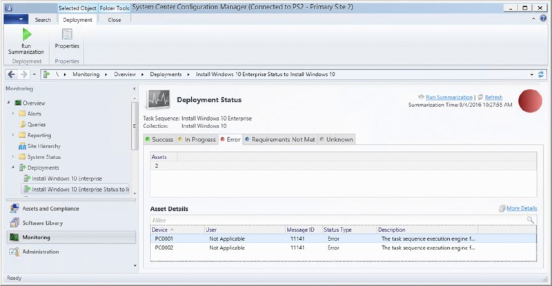 Screenshot of a dialog box shows deployment status of installing Windows 10 Enterprise.