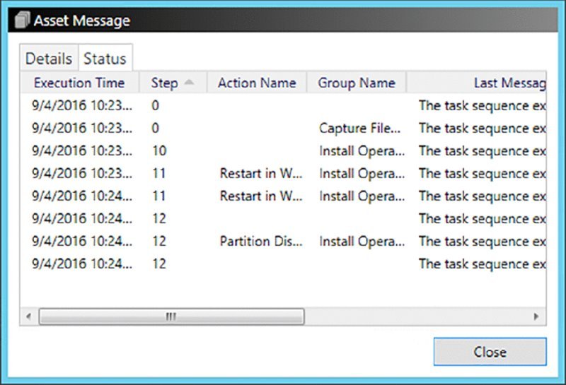 Screenshot of a dialog screen titled “Asset Message” displays task sequence steps.