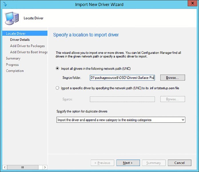 Screenshot of a dialog box shows locate driver page specifying location to import driver.