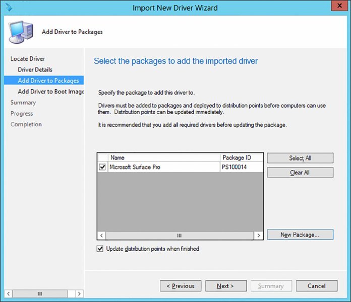 Screenshot of a dialog box shows addition of driver to packages page recommending selecting packages to add imported driver.