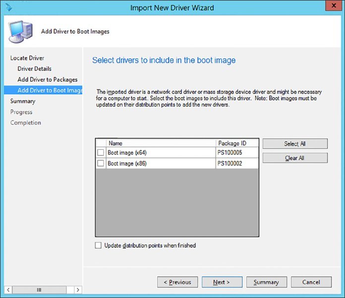 Screenshot of a dialog screen shows addition of driver to packages page recommending selecting drivers to include in boot image.