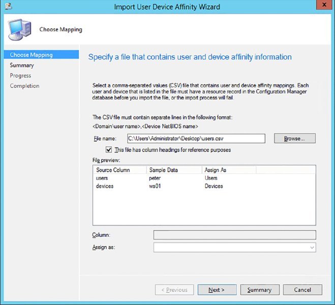 Screenshot of a dialog box shows choose mapping page specifying a file that contains user and device affinity information.