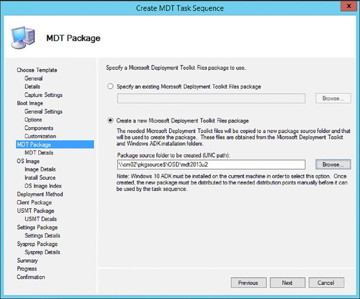 Screenshot of a dialog box shows creation of new Microsoft Deployment Toolkit Files package.