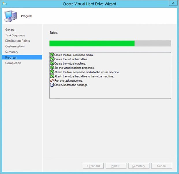 Screenshot of a dialog box shows the progress of VHD creation process.