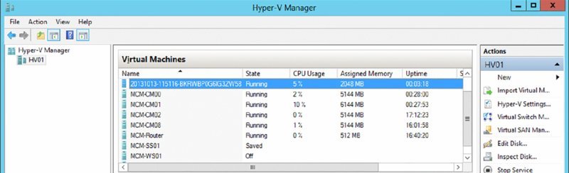 Screenshot of a dialog box shows Hyper-V Manager with virtual machines in running state.