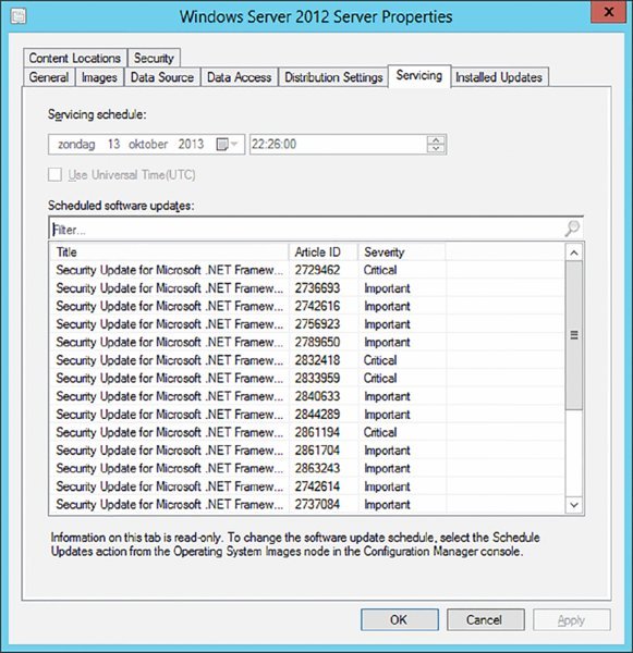 Screenshot of a dialog box shows Servicing tab displaying several scheduled software updates.