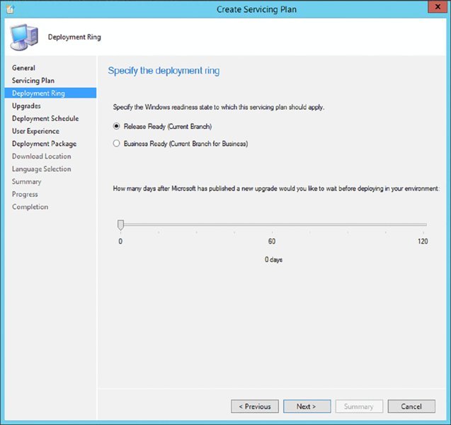 Screenshot of a dialog box shows deployment ring recommending specifying Windows readiness state to which the servicing plan must apply.