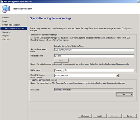 Screenshot of “Add Site System Roles” wizard shows creation of data source for specific reporting service setting.