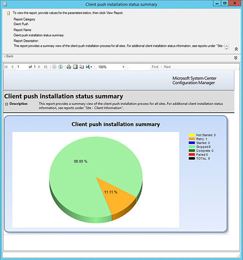 Screenshot of a dialog box shows Client push installation status summary in a pie chart.