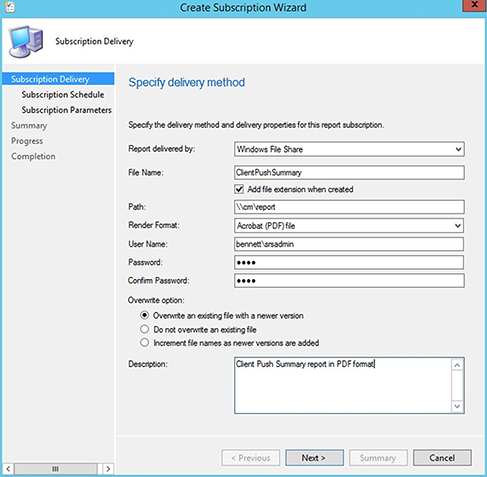 Screenshot of “Create Subscription” wizard creation of windows file based report, with selection on “Delivery Method.”