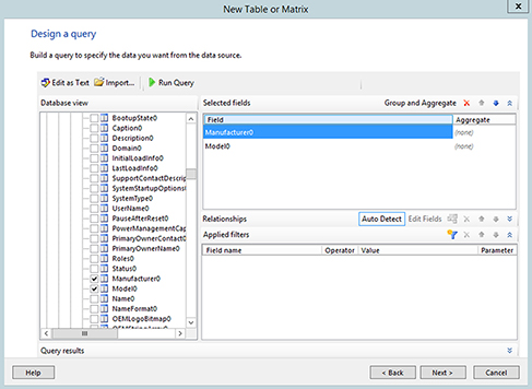 Screenshot of a dialog box shows creation of a query to specify the data from report Builder 3.0.