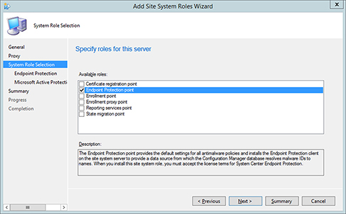 Screenshot shows the selection of endpoint protection point role in “Add Site System Roles” wizard, with selection on “Endpoint Protection Point” under “Available Roles.”