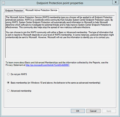 Screenshot shows “Microsoft Active Protection Service” page under endpoint protection point properties dialog box, with three options, “Do not join MAPS,” “Basic membership,” and “advanced membership.”