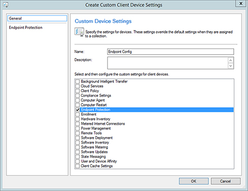 Screenshot shows the selection of endpoint protection custom setting under the “general” page of a dialog box, “Create Custom Client Device Settings.”