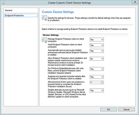 Screenshot shows configuration of endpoint protection settings under the “Endpoint Protection” page of a dialog box, “Create Custom Client Device Settings.”