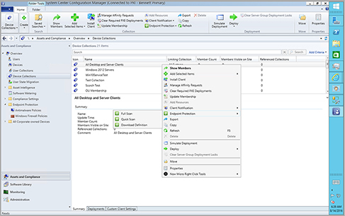 Screenshot of a window shows “System Center Configuration Manager,” with selection on “Asset and Compliance.”