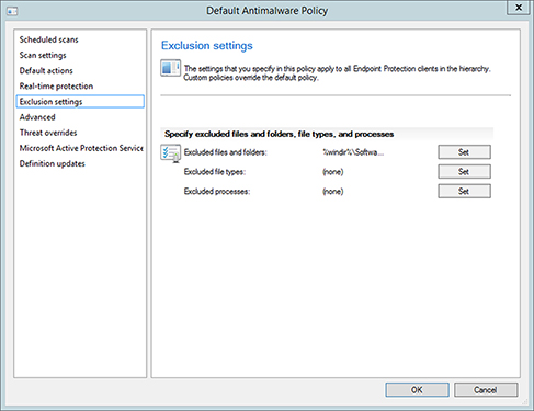 Screenshot shows an “Exclusion settings” page in “Default Antimalware Policy” dialog box.