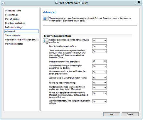 Screenshot shows an “Advanced” page in “Default Antimalware Policy” dialog box.