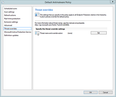 Screenshot shows a “Threat Overrides” page in “Default Antimalware Policy” dialog box.