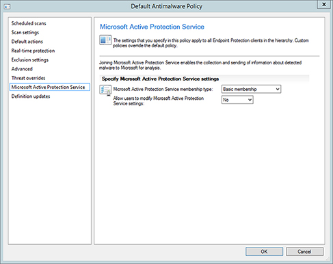 Screenshot shows a “Microsoft Active Protection Service” page in “Default Antimalware Policy” dialog box.  It shows options about membership and number of users to modify MAPS.