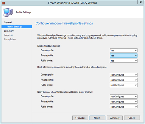 Screenshot shows configuration of window firewall in “Profile Settings” page of “Create Windows Firewall Policy” wizard.