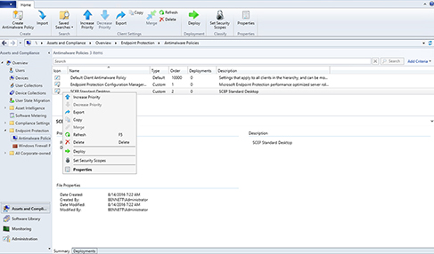 Screenshot of a right click in “System Center Configuration Manger” console shows custom policy and increase or decrease priority options.