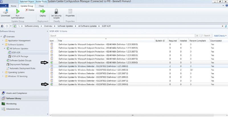 Screenshot of “System Center Configuration Manager” console shows status of updated definition.