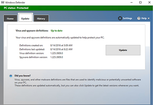 Screenshot of “Update” page of windows defender shows updated virus and spyware definitions.