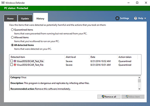 Screenshot of “History” page of windows defender shows potentially harmful items and actions required to remove them.