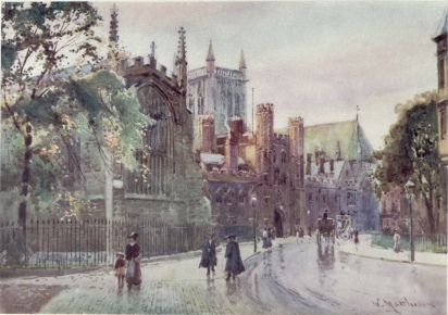 ST. JOHN’S COLLEGE GATEWAY AND TOWER FROM TRINITY STREET Trinity Chapel is seen on the left behind the trees.