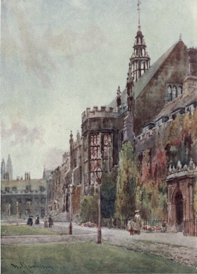 ORIEL WINDOW OF THE HALL, TRINITY GREAT COURT In the nearer part of the picture is the Master’s Lodge, and in the far distance two turrets of King’s Chapel stand up against the evening sky.