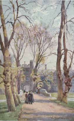 TRINITY COLLEGE BRIDGE AND AVENUE, WITH GATE LEADING INTO THE NEW COURT The Bridge was built in 1763 by Wilkins. The trees in the Avenue in foreground were planted in 1671-72.