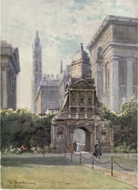 THE GATE OF HONOUR, CAIUS COLLEGE In the background on the right appear the buildings of the University Library, one of the Turrets of King’s Chapel in the distance, and the Senate House is seen on the left.